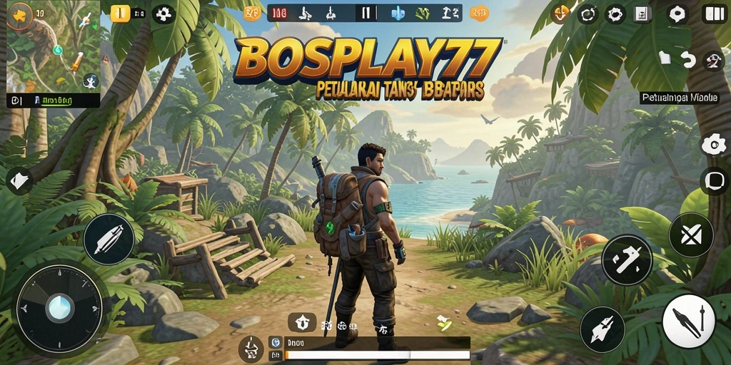 Screenshot gameplay BOSPLAY77 menunjukkan dunia terbuka yang luas dan mengasyikkan.