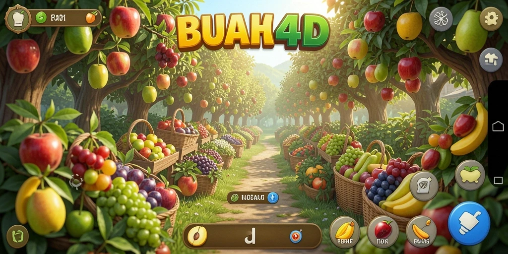 Tampilan gameplay menarik dari BUAH4D dengan kebun buah yang subur.