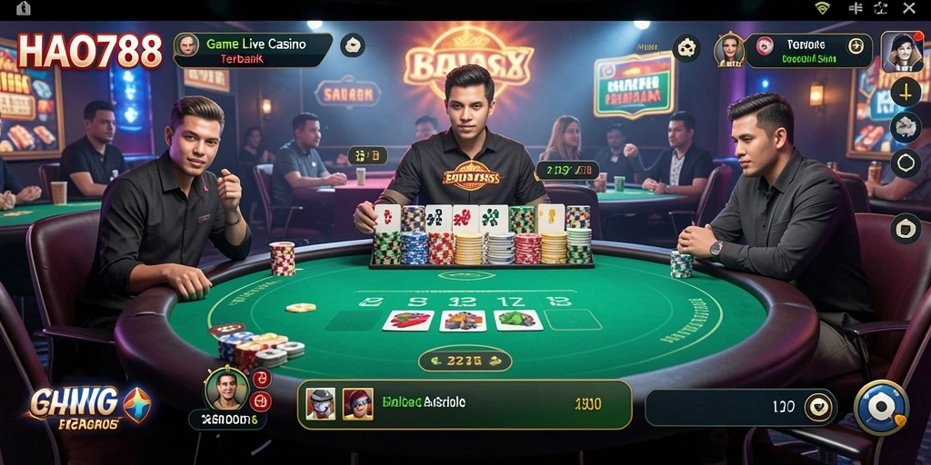 Gameplay HAO788 menampilkan dealer langsung yang profesional dan suasana kasino yang ikonik.