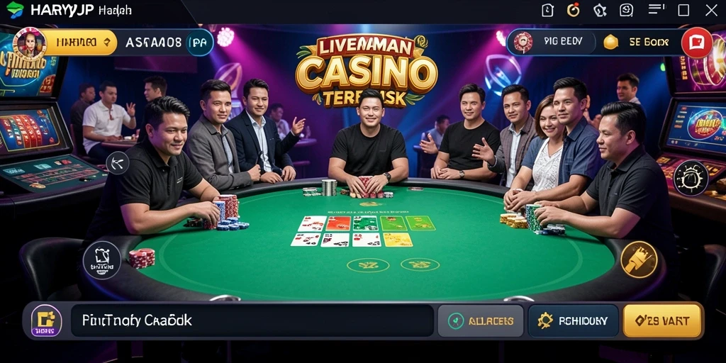 Screenshot utama menunjukkan dealer langsung berinteraksi dengan pemain di meja permainan Live Casino.