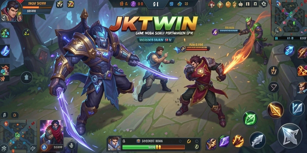 Screenshot gameplay JKTWIN yang menampilkan pertempuran epik dan karakter beragam.