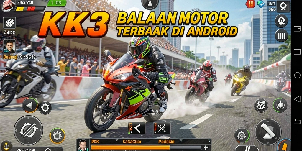 Gameplay seru K3K3 menampilkan balapan motor yang mendebarkan.