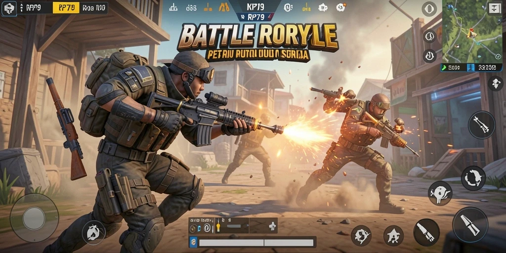 Tangkapan layar RP79 menampilkan aksi intens dalam pertempuran Battle Royale.